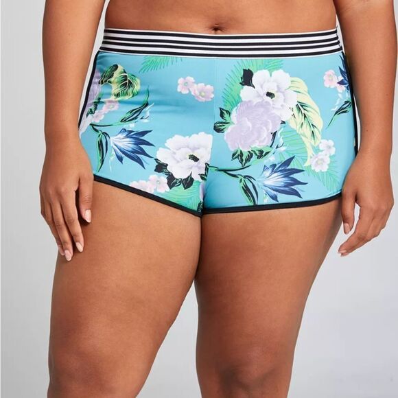 Cacique Lane Bryant Teal Tropical High Rise Boyshort Swim Bottoms Size 14 - Picture 1 of 15